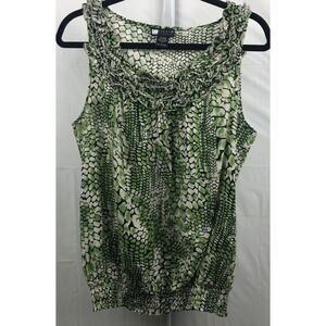 Carole Little Top Women L Green Geo Linen Ruffle Sleeveless Elastic Hem Blouse